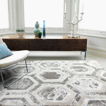 Aurora AU12 Crystal Modern Geometric Hexagonal Distressed Metallic Shimmer Textured High-Density Soft Smooth Low Profile Polyblend Short-Pile Silver/Grey/Beige/Ivory/Charcoal Grey Rug-Asiatic Carpets-Rug Love - The Most Loved Rug Store